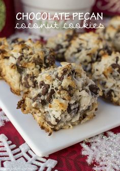 chocolate pecan coconut cookies on a white plate