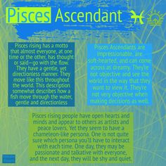 an advertisement for pisces ascendant, with blue and green text on it