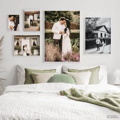 a bedroom with pictures hanging on the wall above the bed and in front of it