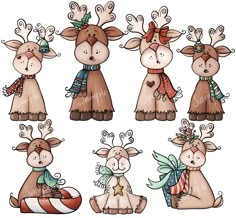 four reindeers with different hats and scarves