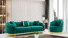 a living room with green couches and gold trimmings on the windowsill