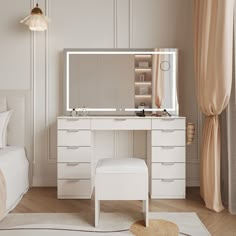 a bedroom with a vanity, stool and mirror