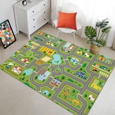 a child's rug with a road map on it