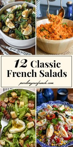 four different pictures with the words classic french salads