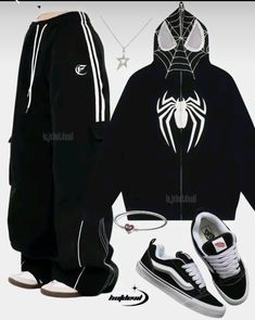 Spiderman Hoodie Outfit, Villain Outfits Design, Spiderman Pants, Spiderman Clothes, Kpop Inspired Outfits, Spiderman Hoodie, Spiderman Outfit, Baggy Outfit Ideas, Street Style Outfits Casual