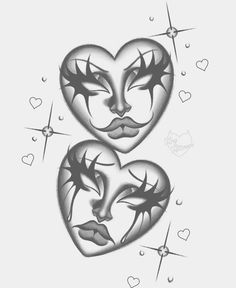 two hearts with faces drawn in black and white ink on a white background, surrounded by stars