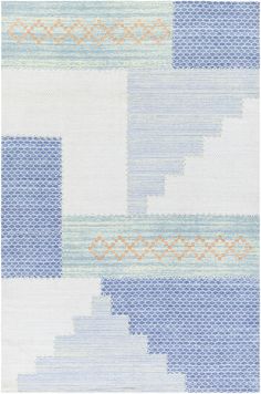 a blue and white rug with different colored lines on the side, including an orange stripe