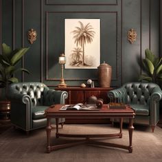 a living room with green leather couches and a coffee table in front of a painting on the wall