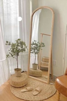 a large mirror sitting on top of a wooden floor next to a potted plant