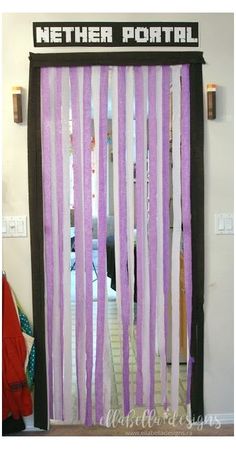 a purple and white striped door with the words nether portal on it's side