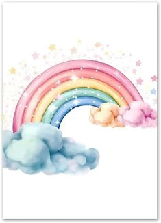 a painting of a rainbow and clouds with stars in the sky above it on a white background