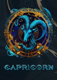 the zodiac sign for capricorn on a black background with gold and blue swirls