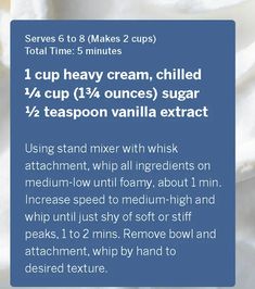 the instructions for how to make whipped cream with sugar and teaspoon vanilla extract