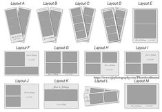 the layouts for an image board are shown in several different sizes and colors, including gray