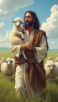 a painting of jesus holding a lamb in the middle of a field with sheep behind him