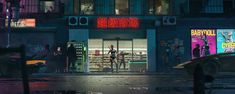 two people standing in front of a store at night with neon lights on the windows