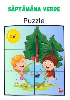 a puzzle with two children playing in front of trees and the words,'saptamaa