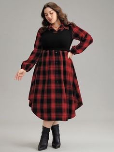 Plaid Patchwork Jacquard Button Detail Arc Hem Dress Plastic Surgery Gone Wrong, Clothing Plus Size, Gone Wrong, Modern Women, Plaid Fashion, Fall Fashion Outfits, Autumn Fashion Women, Hem Dress, Sleeves Pattern