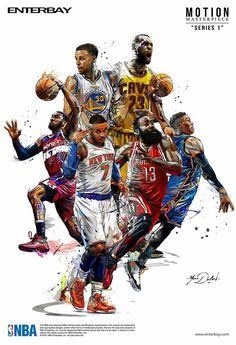 an image of basketball players from different teams in the middle of a graphic art work