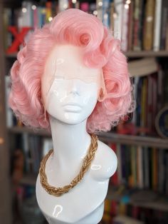 A fully styled synthetic lacefront wig. This style is a 1950s/1930s fingerwave style, with fingerwaves and fluff. Colours pictured: Platinum Blonde, Candy Pink. Colourful Wigs, Cabelo Pin Up, Pink Wigs, Lacefront Wig, Drag Wigs, High Fashion Hair, Drag Queen Outfits, Wig Styling, Pink Wig