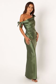 Selma Off Shoulder Maxi Dress - Olive Maxi Length Ruched Midi Dress For Bridesmaids, Satin Maxi Dress With Asymmetrical Neckline For Evening, Fitted Green Maxi Dress With Bias Cut, Fitted One Shoulder Maxi Bridesmaid Dress, One Shoulder Bias Cut Dress For Prom, Chic One Shoulder Maxi Dress For Evening, Chic One-shoulder Maxi Length Evening Dress, One-shoulder Bias Cut Dress For Prom, Chic One Shoulder Maxi Evening Dress