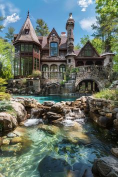 this is an image of a beautiful house in the woods with water running through it