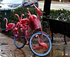 a pink bike with flamingos painted on it