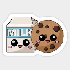 a sticker with two chocolate chip cookies next to a carton of milk