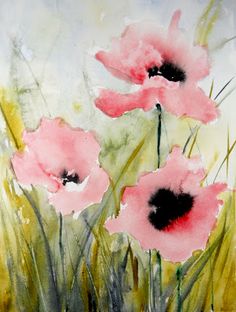 an oil painting of pink flowers in the grass