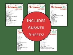 the christmas answer sheet is shown in red and green, with four different words on it