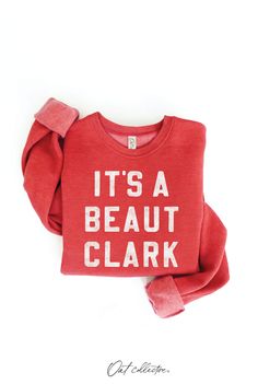 IT'S A BEAUT CLARK Graphic Sweatshirt Unisex Fleece Pullover Relaxed Fit -Spun from plush sponge fleece fabric -Remarkably soft unisex pullover -Crew neck sweatshirt lends itself to daily wear and year-round layering. -Featuring ribbed cuffs and waistband, a crew neck, and fashion-forward fleece fabrication. Holiday Sweatshirts, Fun Sweatshirts, Holiday Sweatshirt, Fall Collections, Gilmore Girls, Christmas Sweatshirts, Fleece Fabric, Custom Clothes, Jean Jacket