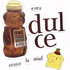 an advertisement for dul ce with a bear holding a jar of honey in it's mouth