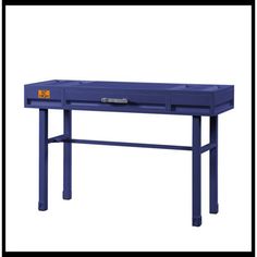 a blue workbench with two drawers on one side and an open drawer on the other