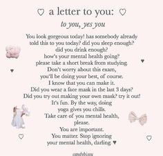 a letter to you poem written in white with pink flowers and hearts on the background