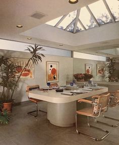 a kitchen with an island and skylight in the center, surrounded by potted plants