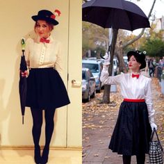 two women dressed in vintage clothing and holding umbrellas, one wearing a white shirt and black skirt