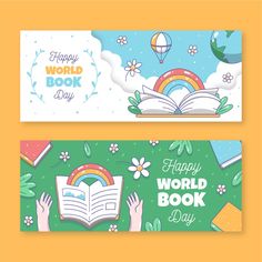 two banners for the world book day with books and rainbows on green, yellow and orange background