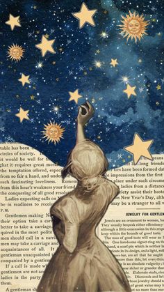 an illustration of a woman looking up at the stars in the sky above her head