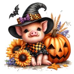 a small pig wearing a witches hat and sitting next to a pumpkin with sunflowers