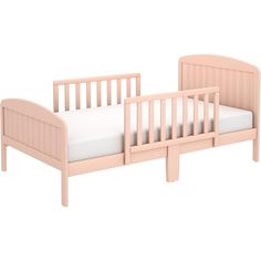 a pink wooden bed with white sheets and no mattress on the bottom half, in front of a white background