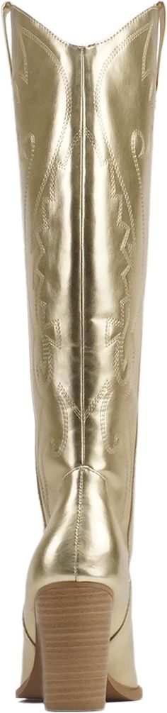 Our Natasha Gold Cowboy Boots feature classic cowboy boot details such as a pointed toe, stacked heel, and intricate stitching, combined with modern elements like the metallic gold overlays. Add a touch of western flair to any ensemble with these! 3.5" stacked heel True to size Shaft Height 16.5” Platform Height 0.13” Gold Cowboy Boots, Classic Cowboy, Gold Boots, Modern Elements, Cowboy Boot, Stacked Heel, Metallic Gold, Accessories Shop, Cowboy Boots