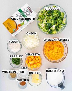 the ingredients to make broccoli and cheese salad are shown in bowls on a white surface