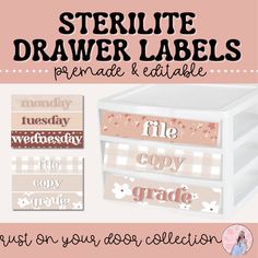 the sterilte drawer labels are available in pink, white and brown colors with flowers