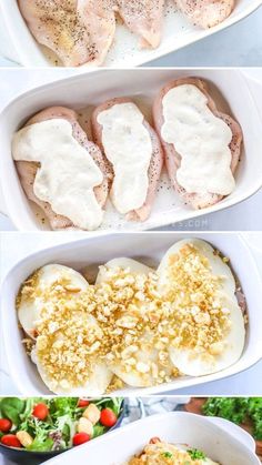 four different views of food in white dishes and on the same plate, one with chicken