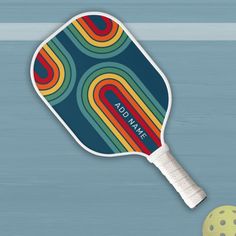 a colorful tennis racket and ball on a blue background