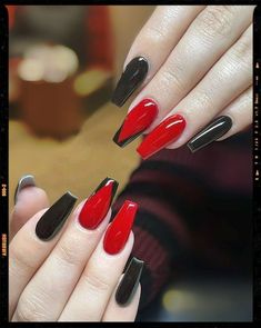 Photo edited by AirBrush App. Black nails, a red nail and a red nail with black French. #retouch #filter #airbrush #photoeditor #blacknails #rednail #blackfrench #nail #ideas #nailsideas Black Nd Red Acrylic Nails, Black Nail Red Tip, Red Nail With Black Tip, Black Nail With Red Tip, Red And Black Aesthetic Nails Acrylic, Red And Black Nails Simple Design, Acrylic Nails Ideas Red And Black, Black With Red French Tip Nails, Black And Red Nails Ideas Coffin