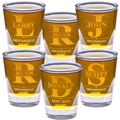 Personalize the custom shot glass set of 6 with a design, name, and date, of your choice by picking from 9 designs to create a unique message on the tequila glasses. Choose an optional laser engraved etching by uploading your own image and add an extra text for your custom drinkware set. Our high-quality 1.5 oz shot glasses are made from an environmentally friendly, flawless lead-free crystal glass that is unblemished, brilliantly clear, and dishwasher safe. The engraved mini shot glasses have a Custom Drinking Glasses, Bachelorette Shot Glasses, Groomsmen Shot Glasses, Groomsmen Glasses, Tequila Glasses, Wedding Best Man, Man Drinking, Personalized Shot Glasses, Bachelor Party Favors