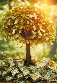 money falling from a tree on top of leaves in the sun light stock photo - images