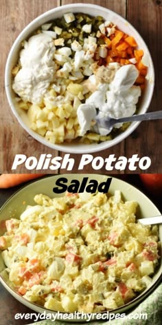 two bowls filled with potato salad next to each other