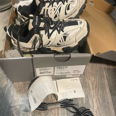 Balenciaga Track Sneakers White/Black Lots Of Life Worn A Handful Of Times.Color Says White And Black Sneakers Are More Like An Off White/Cream-Ish And Black, Comes With Box And Extra Shoe Strings.. White And Black Sneakers, Balenciaga Track Sneakers, Track Sneakers, Shoes Balenciaga, Balenciaga Track, Balenciaga Black, Balenciaga Shoes, Black Sneakers, White Cream